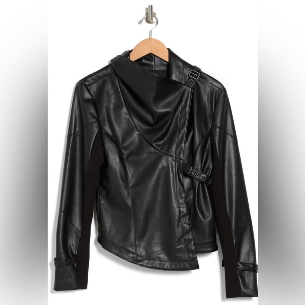 🖤 Ookie & Lala Drape Moto Faux Leather Ponte Jacket Black XS NWT